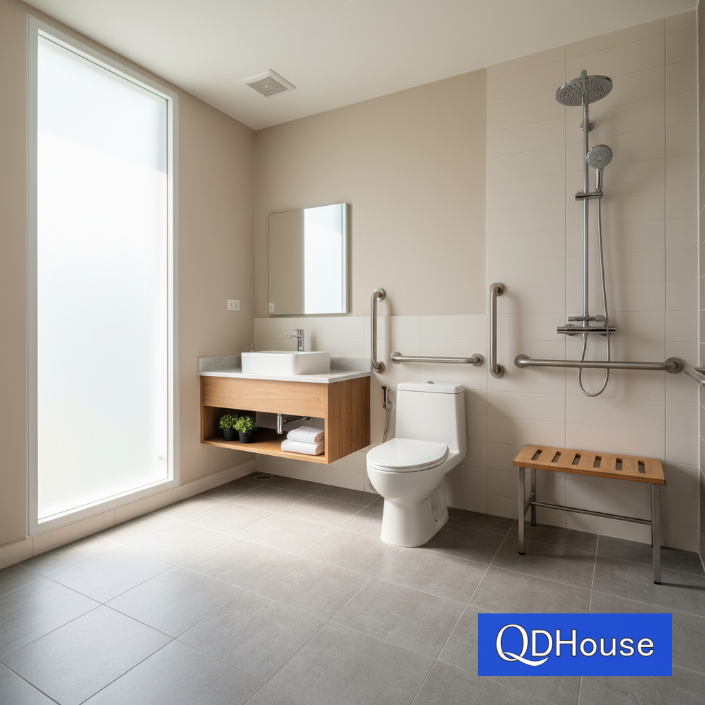 ห้องน้ำที่ออกแบบสำหรับผู้สูงอายุ พร้อมราวจับและพื้นที่อาบน้ำแบบ Walk-in Shower